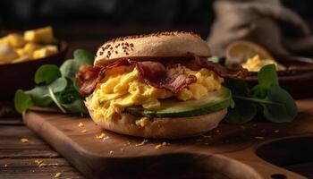 Grilled bacon cheeseburger on toasted bun with homemade guacamole appetizer generated by AI photo