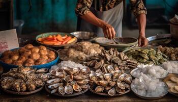 Fresh seafood variations sold by market vendors for healthy eating generated by AI photo