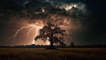 Spooky silhouette of tree against dramatic sky at dusk generated by AI photo