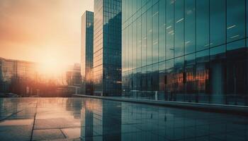 Futuristic cityscape window illuminates corporate business in modern skyscraper generated by AI photo