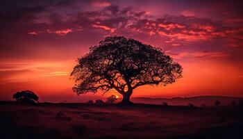 silueta de acacia árbol en plano, tranquilo amanecer en África generado por ai foto