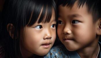 Two playful twin boys with black hair smiling and playing together generated by AI photo