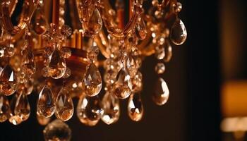 Glowing chandelier illuminates elegant antique decor in dark indoors generated by AI photo