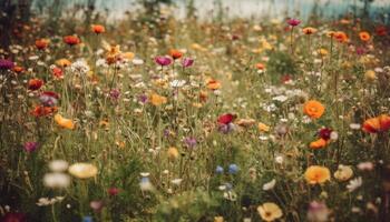 Vibrant daisy blossom in tranquil meadow at sunset, idyllic beauty generated by AI photo