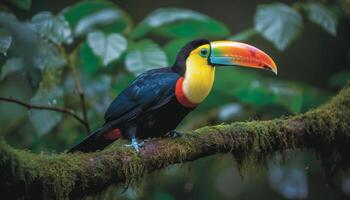 Vibrant macaw perching on tree branch in Amazon rainforest generated by AI photo