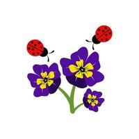 Cute print with Viola flowers and ladybugs on a white background. vector