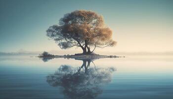 Tranquil scene of reflection, blue sky, and tree branch silhouette generated by AI photo