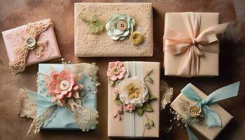 Rustic old fashioned box set with ornate pink flower decoration generated by AI photo