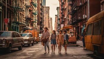 joven mujer sonriente, caminando juntos, disfrutando ciudad vida y arquitectura generado por ai foto