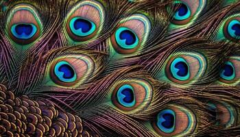 Vibrant peacock feather showcases beauty in nature ornate elegance generated by AI photo