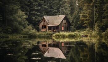 rústico Iniciar sesión cabina anidado en tranquilo montaña paisaje por estanque generado por ai foto