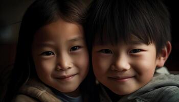 dos linda Gemelos con abrazando hermanos, sonriente y mirando alegre generado por ai foto