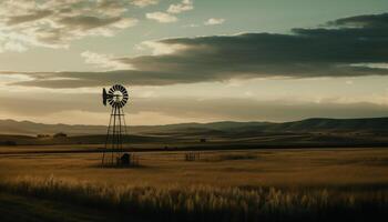 Sunset over wind turbines on rural farm generates alternative energy generated by AI photo