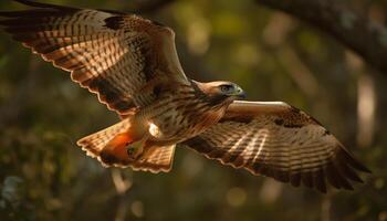 Endangered kestrel spreads wings in mid air, looking at camera generated by AI photo