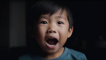 sonriente Niños de diferente etnias en un negro antecedentes estudio generado por ai foto