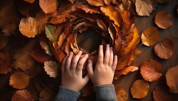 Smiling child holds multi colored leaves, surrounded by autumn forest beauty generated by AI photo