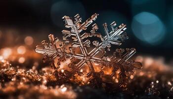 Shiny ice crystal defocused in abstract pattern, illuminated by glitter generated by AI photo