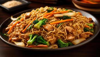 Stir fried pork and vegetables on a plate with chopsticks generated by AI photo