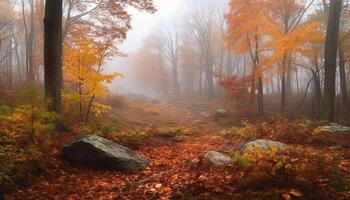 Vibrant autumn foliage falls in a mysterious forest landscape scene generated by AI photo