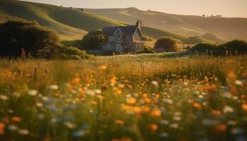 Rustic farmhouse in tranquil meadow, surrounded by green nature beauty generated by AI photo