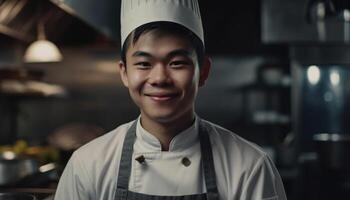 joven adulto cocinero en delantal en pie en comercial cocina sonriente generado por ai foto