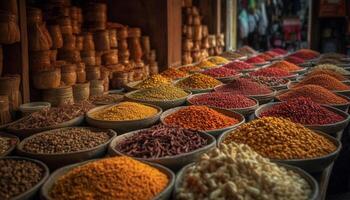 vibrante colores de especias en un fila a el calle mercado generado por ai foto