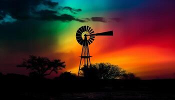 Silhouette of windmill turning, generating electricity for rural agriculture generated by AI photo