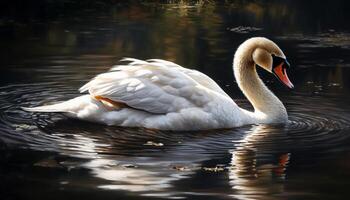 agraciado cisne nadando en tranquilo agua, rodeado por natural belleza generado por ai foto