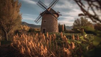 Rustic windmill generates fuel and power in idyllic rural landscape generated by AI photo