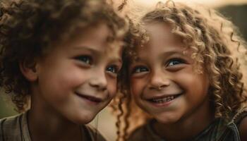 contento niños jugando al aire libre, unión en naturaleza con despreocupado inocencia generado por ai foto