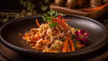 Vegetarian stir fried prawn pasta with homemade chili sauce and herbs generated by AI photo