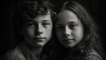 Smiling siblings embrace, showcasing innocence and togetherness in monochrome portrait generated by AI photo