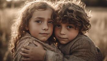 sonriente hermanos abrazo en naturaleza, disfrutando juguetón infancia divertido juntos generado por ai foto