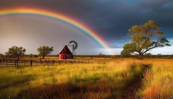 Tranquil sunset over rainbow meadow, windmill and rustic fence generated by AI photo