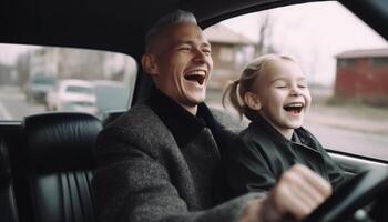 hembras y uno niño riendo en coche en la carretera viaje generado por ai foto