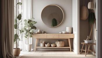 Rustic flower pot on modern table adds elegance to apartment generated by AI photo