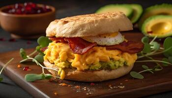 Grilled sandwich with avocado, tomato, and guacamole on toasted bread generated by AI photo