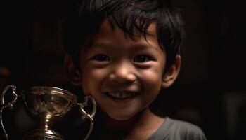 Winning smile Boys and girls celebrate sports success indoors generated by AI photo