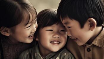alegre hermanos jugando al aire libre, abrazando naturaleza y cada otro amor generado por ai foto