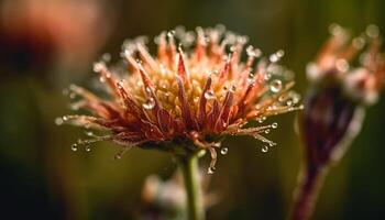 Vibrant purple dandelion in soft focus, surrounded by dew drops generated by AI photo