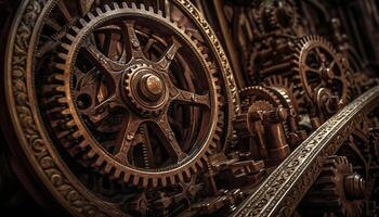 Steampunk clockworks turning inside of old metallic factory machinery generated by AI photo