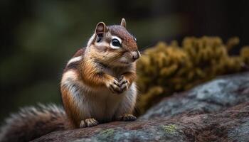 Fluffy chipmunk sitting on grass, looking at camera attentively generated by AI photo