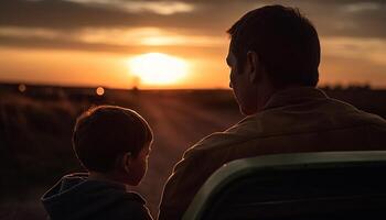 padre y hijo abarcar, disfrutando naturaleza puesta de sol silueta juntos generado por ai foto