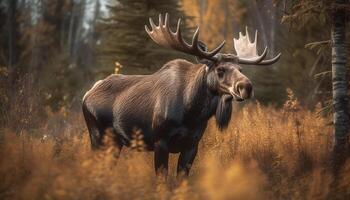 Stag grazes in meadow, beauty in nature wilderness area generated by AI photo