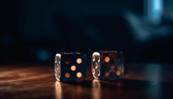 Rolling craps cube spotted in motion, gambling for success generated by AI photo