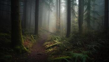 Spooky coniferous tree in dark forest creates mystery and adventure generated by AI photo