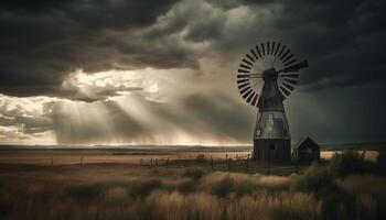 Wind turbines generate electricity on abandoned farm in dramatic dusk sky generated by AI photo