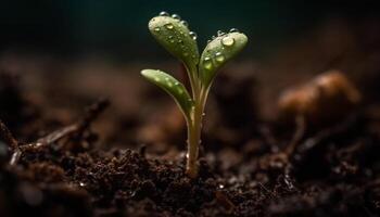 New life sprouts from wet soil, a fragile seedling grows generated by AI photo