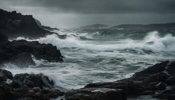 Breaking waves crash against rough coastline, dramatic sky in motion generated by AI photo