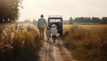 Heterosexual couple walking through rural farm, enjoying weekend adventure generated by AI photo